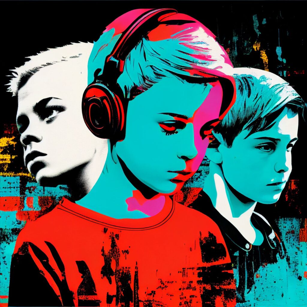 Pop art image of 3 boys looking sombre