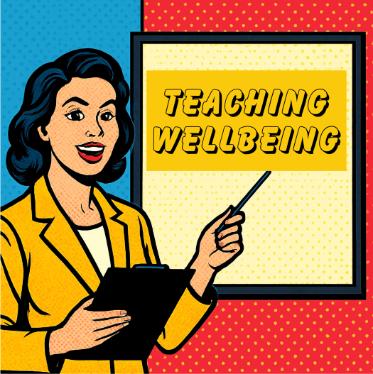 Picture of a woman teacher pointing to writing on a board saying 'teaching wellbeing'