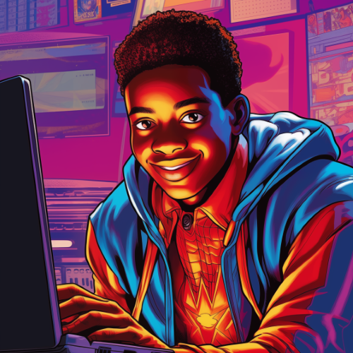 Black teenage boy sitting at a computer screen smiling